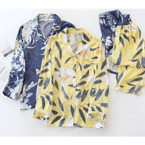 Spring/summer Women Pajamas Set Cotton Silk Thin Long Sleeve Womens Sleepwear Trouser Rayon Fashion Loose Homewear Two Pieces