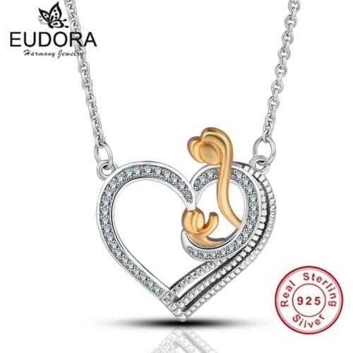 Eudora 100% 925 Sterling Silver Crystal Heart Pendants Necklace Gold Color Mother and baby Love Fine Jewelry Necklace Mommy Gift