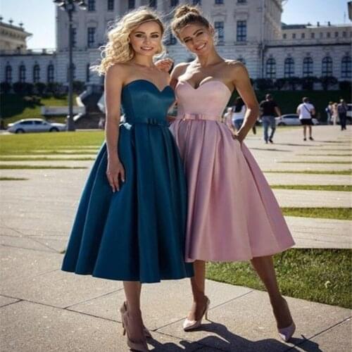 Simple A-Line Princess Satin Bowknot Sweetheart Sleeveless Tea-Length Homecoming Dresses robes de cocktail vestidos de graduació