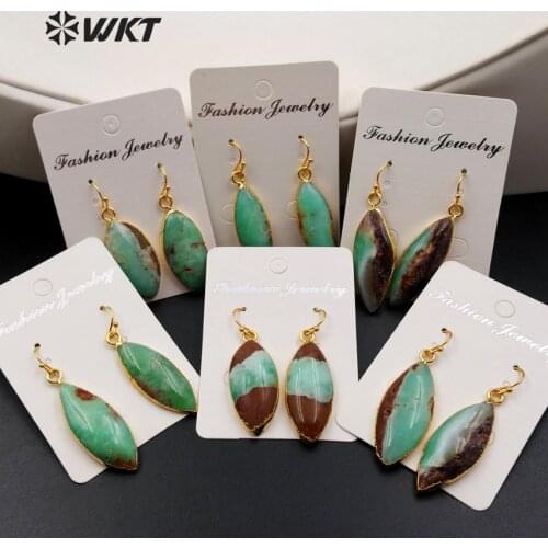 WT-E342 Wholesale natural chrysoprase earrings with 24K gold trim Horse eye shape Australian stone earrings jewelry for women