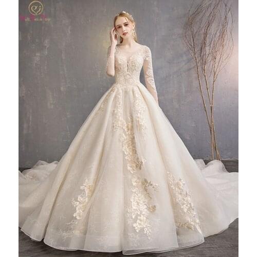 Walk Beside You Champagne Wedding Dresses Lace Applique Beaded Ball Gown Cathedral Train Three Quarter Sleeves Bridal Gowns Long
