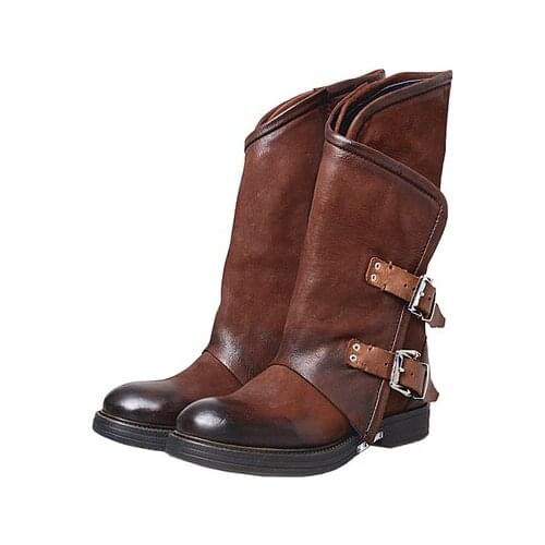 Vintage Square Heels Autumn Winter Western Cowboy Boots Female Genuine Leather Double Buckle Strap Cowgirl Combat Shoes Woman