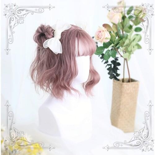 High Quality Rose Ash Powder Air Bangs Daily Synthetic Short Style Wig High Temperature Fibre Cosplay Party