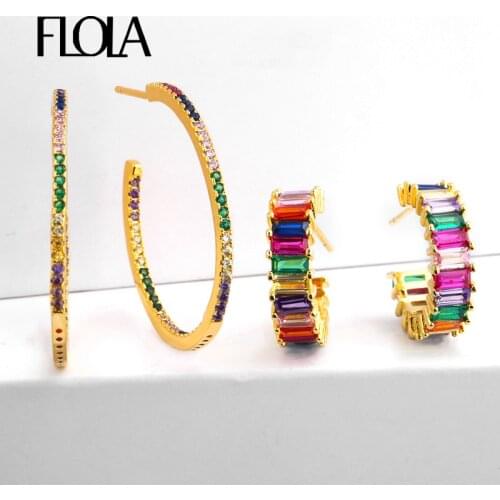 FLOLA Zircon Rainbow Hoop Earrings Woman 24K Gold Large Hoop Earing Rainbow Jewelry Orecchino Donna Arcobaleno Gold Hoops ersq98