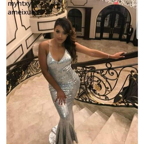 2021 New Arrival Sleeveless Prom Dresses V-neck Floor-length Sweep Train Mermaid Natural Sequin Spaghetti Strap Plus Size Prom