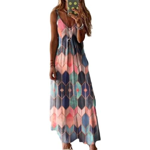 New summer Sexy V-Neck Sleeveless Strap Maxi Vintage DressPrinted Loose Dress Womens Fashion Casual Vintage Spring Dresses