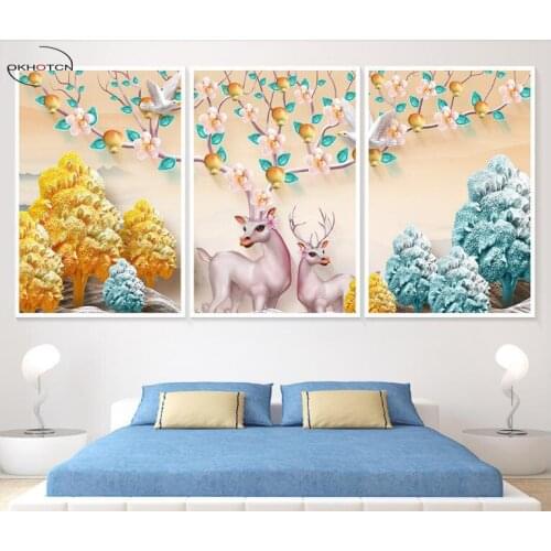 Unframed 3 Pieces/Set Pomegranate Flower Large Antlers Deer Family Vintage Home Decor Photo Fashion Paintings On Canvas