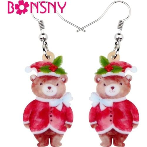 Bonsny Acrylic Christmas Sweet Suits Hat Bear Earrings Stud Drop Dangle Fashion Jewelry Festival Gift Hot Sale For Women Teen