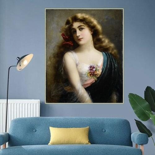 Citon Emile Vernon《In a mauve dress》Canvas Oil painting Charming lady Artwork Poster Picture Modern Wall Decor Home Decoration