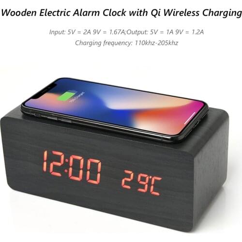 Wooden LED Digital Alarm Clock Thermometer Wireless Charger With Qi Wireless Charging Pad Voice Control Alarm Clock Table Decor