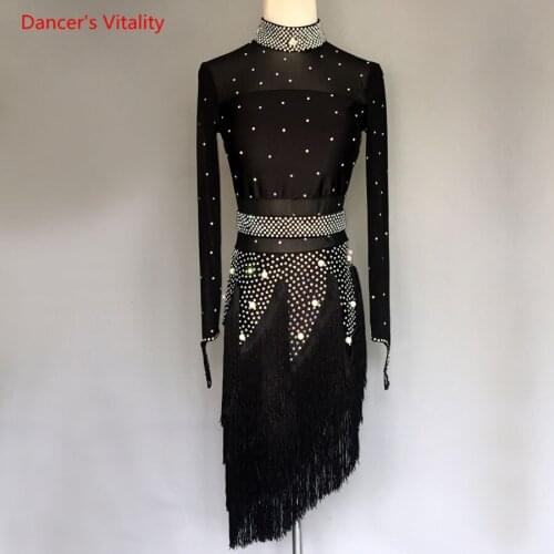 Girls Kids Adult Modern Ballroom Latin Dance Dress Black Tassels Beaded Salsa Tango Dance Clothing Performance Stage Wears
