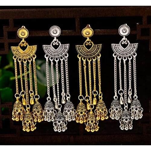 Egypt Vintage Jhumka Earrings Indian Turkey Jewelry Womens Gold Color Long Chain Bells Tassel Dangle Earrings Oorbellen