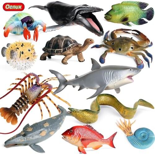 Oenux Marine Sea Life Megalodon Big Shark Fish Crab Lobster Action Figure Ocean Animals Model PVC Collection Toy For Kids Gift