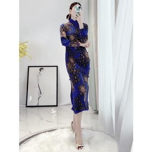 HOT SELLING Miyake fashion Modified cheongsam buckle printed elegant long sleeve dress IN STOCK