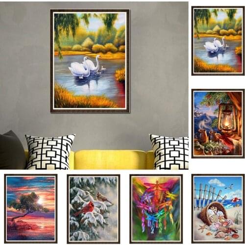 30x40cm Swan Shell Dragonfly Bird Cross Stitch DIY Full Round Diamond Painting