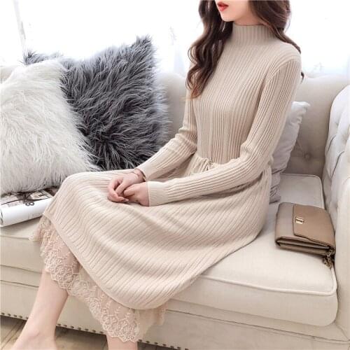 Lace knitted women dresses 2019 autumn new A-line lace patchwork solid lady elegant party dresses