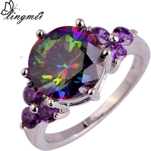 Lingmei Wholesale Exquisite Mysterious Rainbow CZ & Purple Silver Color Ring Size 6-12 Fashion New Jewelry Free Shipping