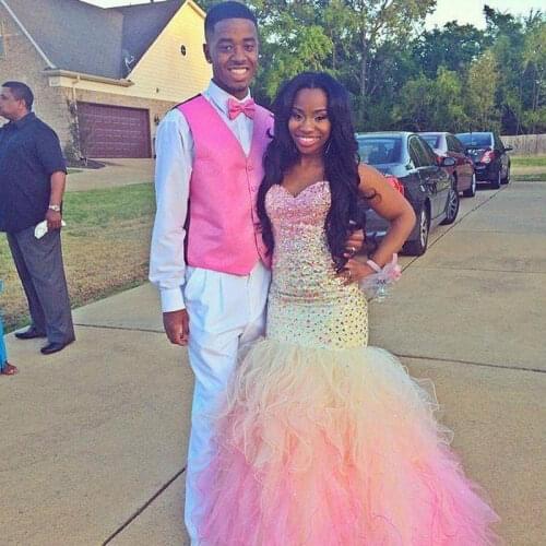 Sweetheart Beading Crystal Mermaid Prom Dresses 2019 Sweep Train Ruffle Organza Long Elegant Formal Rainbow Gown