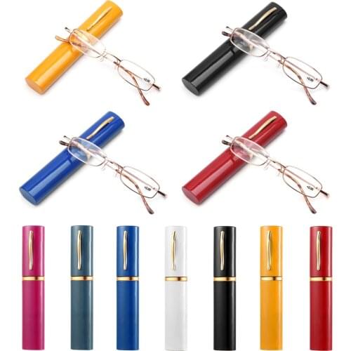 Unisex Reading Glasses with Pen Tube Case Portable Presbyopic Glasses Classic Metal Case Spring Hinge Eyeglasses Vision Care
