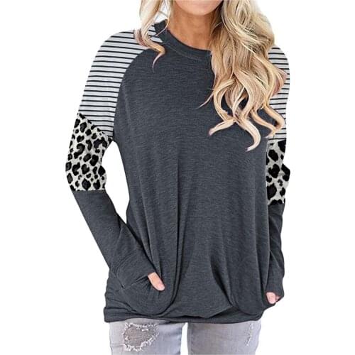 Autumn And Winter 2020 Fashion New Round Neck Womens Striped Leopard Pattern Stitching Contrast Long Sleeve Pocket T-Shirt