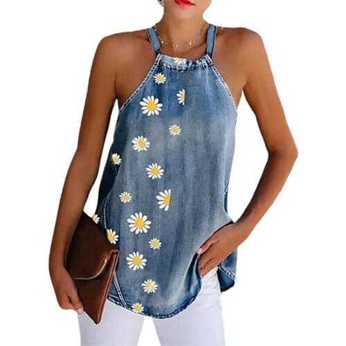 Sexy Back Lace Up Bandage Loose Daisy Print Denim Top Casual Summer Top Shirt Women 2021 Flower Jeans Streetwear Womens Clothing