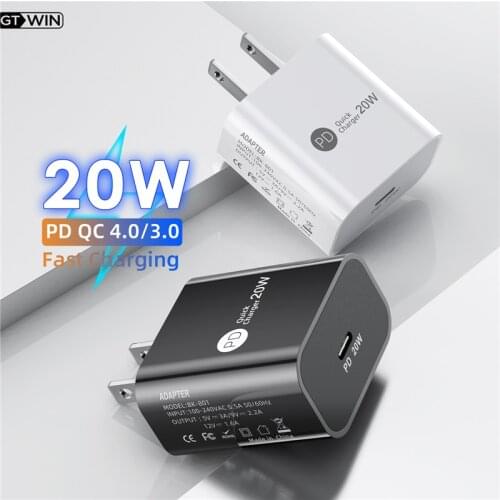 GTWIN US EU PD Charger Adapter 20W Fast Charging Wall Travel Charger for iPhone 12 Samsung Huawei Xiaomi QC 3.0 Charger