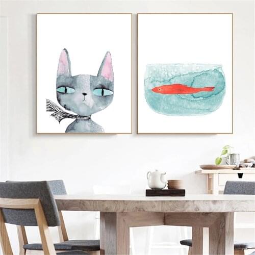Nordic Poster Canvas Painting Cat Fish Cute Wall Art Picture Life Nordic Style Children Home Decoration Posters