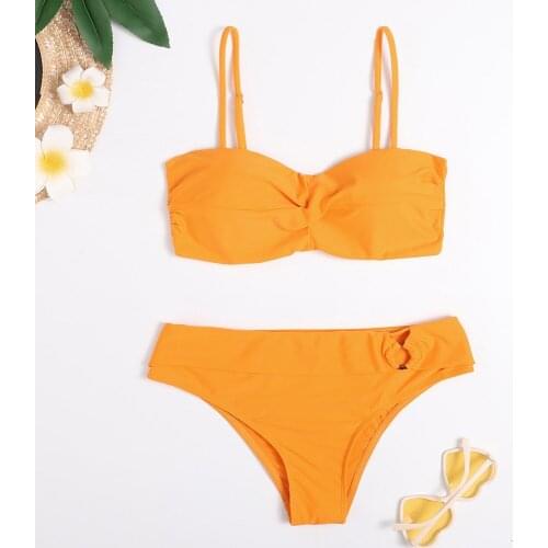 Sexy Two-Piece Bikini Set Women Swimwear Twisted Bandeau Top Removable Shoulder Strap High Waist Bodysuit Bathing Suit Beachwear