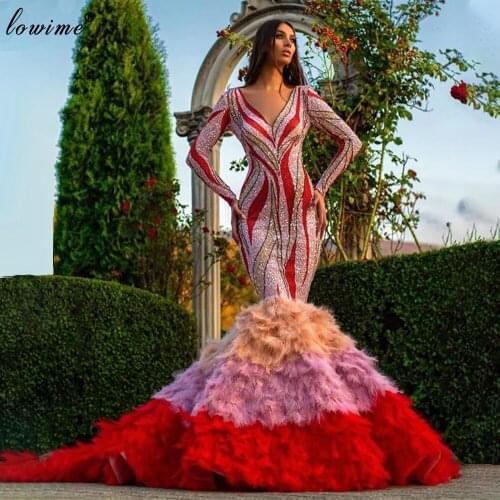 Middle East Multi Colors Evening Dresses Mermaid Long Sleeves Formal Prom Dresses Evening Wear Turkish Couture Celebrity Gowns