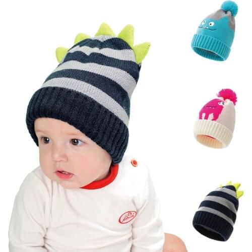 2020 Autumn Winter Knitted Hat Baby Boy Girl Cartoon Dinosaur Hats Kids Child Children Crocheted Striped Beanie Caps with Pompom