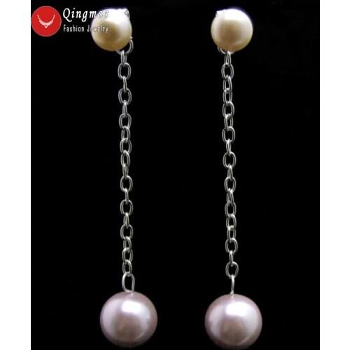Qingmos Natural Pearl Earring for Women with Purple 7-8mm Flat Round Pearl & Dangle 12mm Sea Shell Pearl Earrings Jewelry Ear562