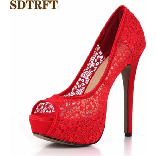 SDTRFT Summer Stilettos 14cm Thin High Heeled Peep Toe LACE shollow out shoes woman sexy Lady Platforms Bridal pumps Plus:35-43