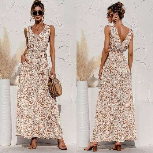 2021 Fashion Spaghetti Strap Maxi Dress Summer Women Floral Print V Neck Sexy Sleeveless Backless Long Dresses Elegant Vestidos