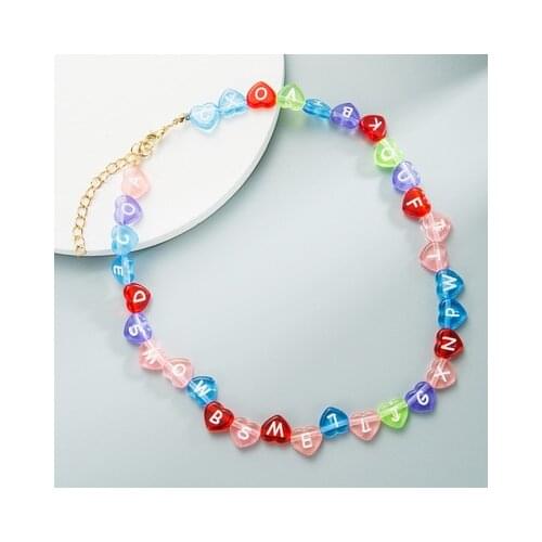 2021 New Korea Sweet Colorful Beaded Leter Macaron Heart-Shaped Resin Chocker Necklace for Women Party Jewelry