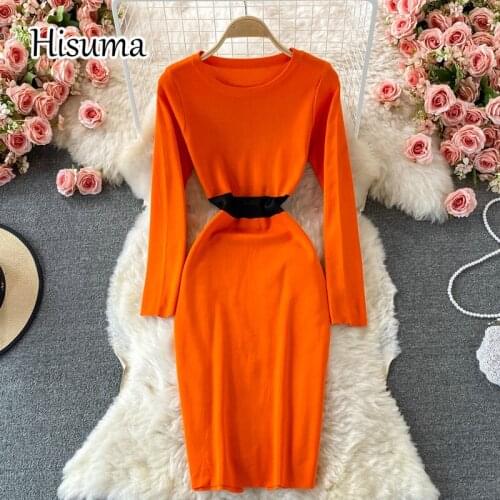 2021 autumn new womens chic o-neck long sleeve split knitted sheath dresses female Color matching retro slim sweater dress