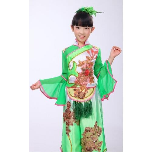 0176) Chinese folk dance Girls Embroidery costumes green children Hanbok fan yangko classical dance stage performance clothing