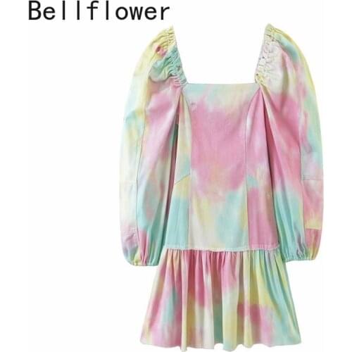 2021 Tie Dye Flounced Edge Mini Dress for Women Autumn Square Collar Puff Sleeve Vintage Money Robe Pink Long Sleeve Dresses