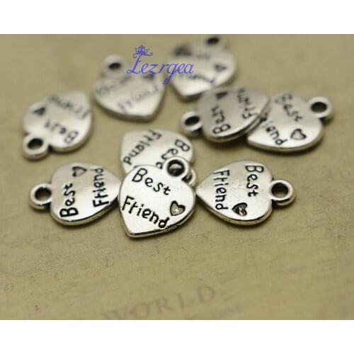 50pcs/lot--12x10mm, Antique silver plated heart shape best friends charms,DIY supplies,Jewelry accessories