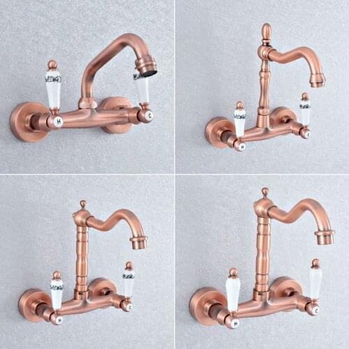 Antique Red Copper Brass Wall Mounted Bathroom Kitchen Sink Faucet Swivel Spout Mixer Tap Dual Ceramic Handles Levers msf875