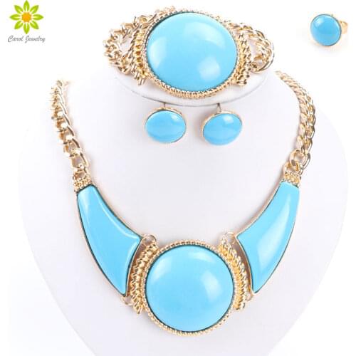 Big Exaggeration Necklace Set Gold Choker Necklace For Women Statement Bracelet Earrings Ring Wedding Accessories