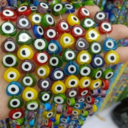 10mm 12mm Mix Color Lampwork Beads Heart Shape Evil Eye Loose Handmade Lampwork Glass Bead For Jewelry Making DIY Bracelet 15