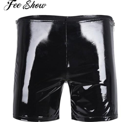 Black Mens Shiny Wetlook Patent Leather Side Zipper Hot Boxer Short Pants Mens Shiny Slim Fit Comfortable Boxer Shorts Clubwear