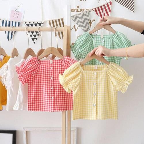 Children Girl Shirt Spring Summer Short Sleeve Grid Cotton Soft Fashion Comfortable Recreational Style Kids Clothes Toddler