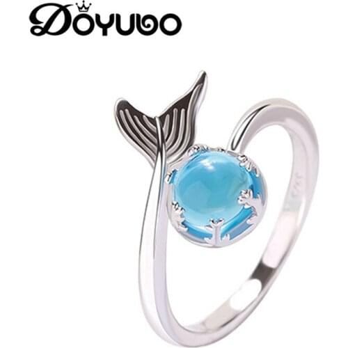 DOYUBO Vintage Womens Silver Mermaid Bubble Ring Adjustable Size Blue Opal S925 Sterling Silver Lady New Rings Jewelry VB333