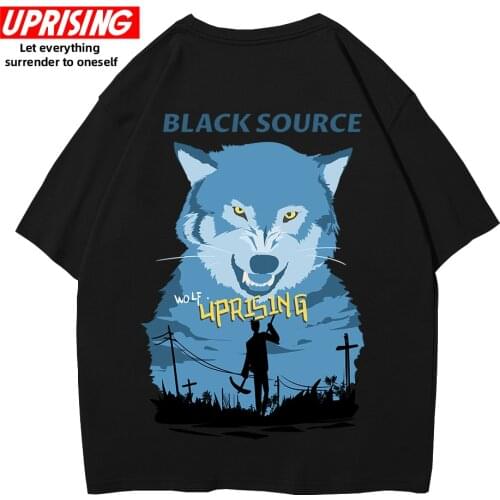 2022 Streetwear Moon Wolf T Shirt Hip Hop Men T-Shirt Oversize Harajuku Tshirt Black Short Sleeve Tops Tees Cotton Animals Print