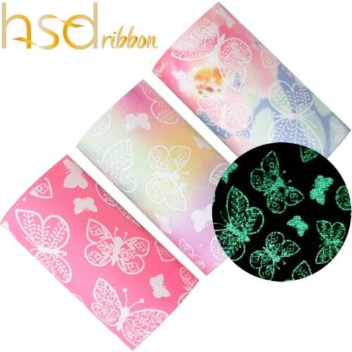 HSDRibbon 75MM 3 inch butterfly Series Glow in the dark noctilucent glitter Printed on grosgrain ribbon free shipping