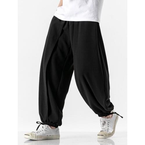 2020 Summer Men Wide Crotch Harem Pants Male Cropped Wide Legged Bloomers Trousers Men Loose Cotton Linen Loose Pants M-5XL