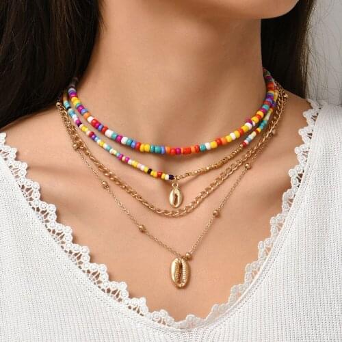 New Creative Shell Metal Clavicle Chain Bohemia Necklaces for Women Rice Beads Multi-layer Necklace Accessories Set for Gifts
