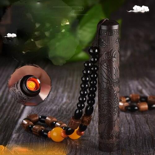 Novelty Creative Retro Black Sandalwood Blows A Fire Cascade Personality Wood Carving USB Charging Cigarette Lighter Men Gift