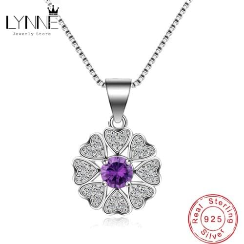 New Fashion Fine Purple AAA Zircon Sakura Pendant Necklace 925 Sterling Silver Heart Petals Rhinestone CZ Necklace Woman Jewelry